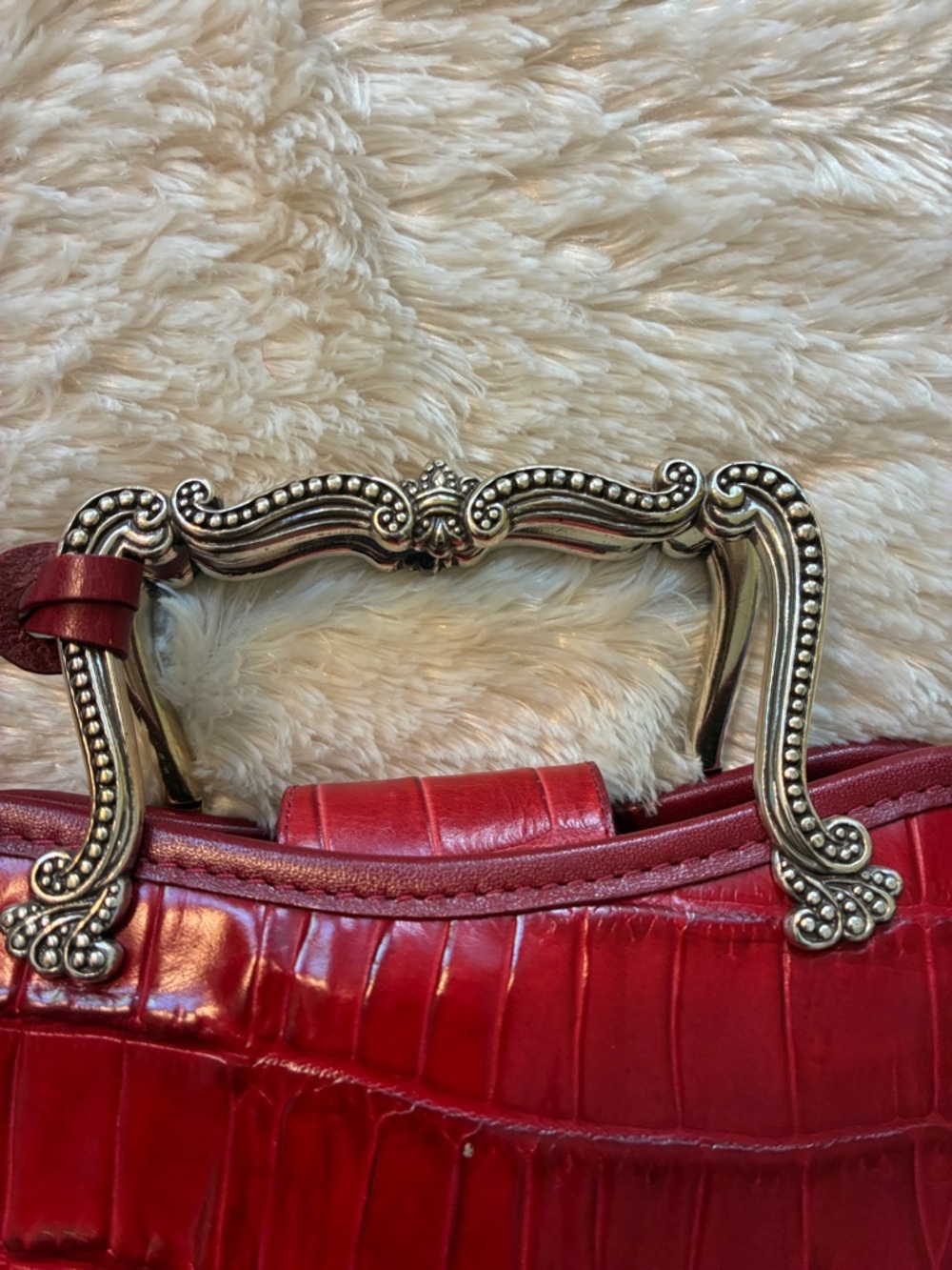 Brighton Red Croc-Embossed Mini Top-Handle Bag with Ornate Silver Handles - Picture 3 of 10
